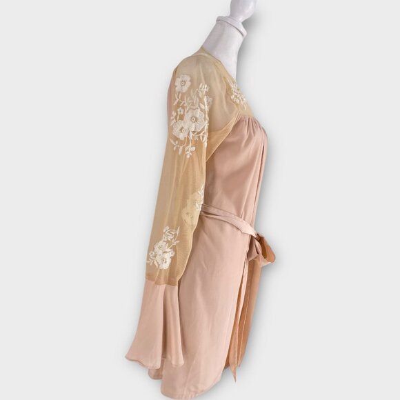 Robed with Love Hildy Robe Pink Floral Embroidered Sheer Illusion Bell Sleeves - Picture 13 of 14